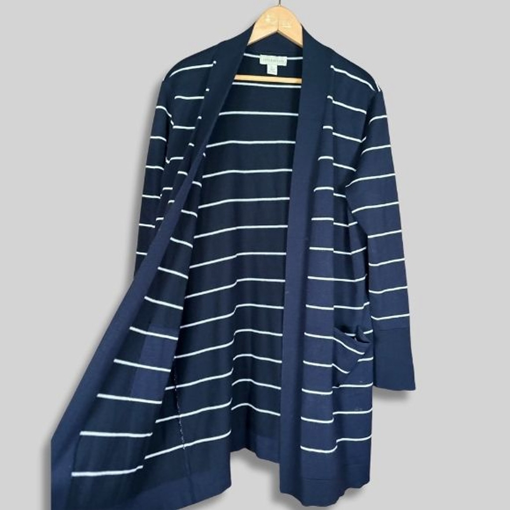 Appleseed's Open Front Cardigan Striped Long Sleeve Patch Pocket Navy/White W L